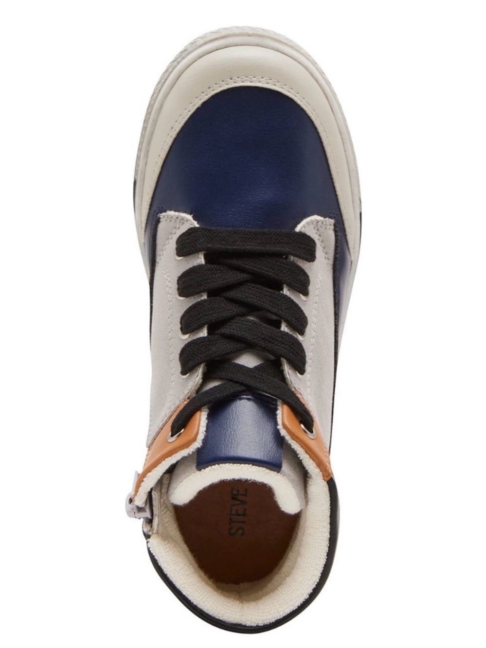 NWT Boy Steve Madden Eliass Boys High Top Sneakers Size 6 Black Tan Grey Zip Lac - Picture 6 of 8